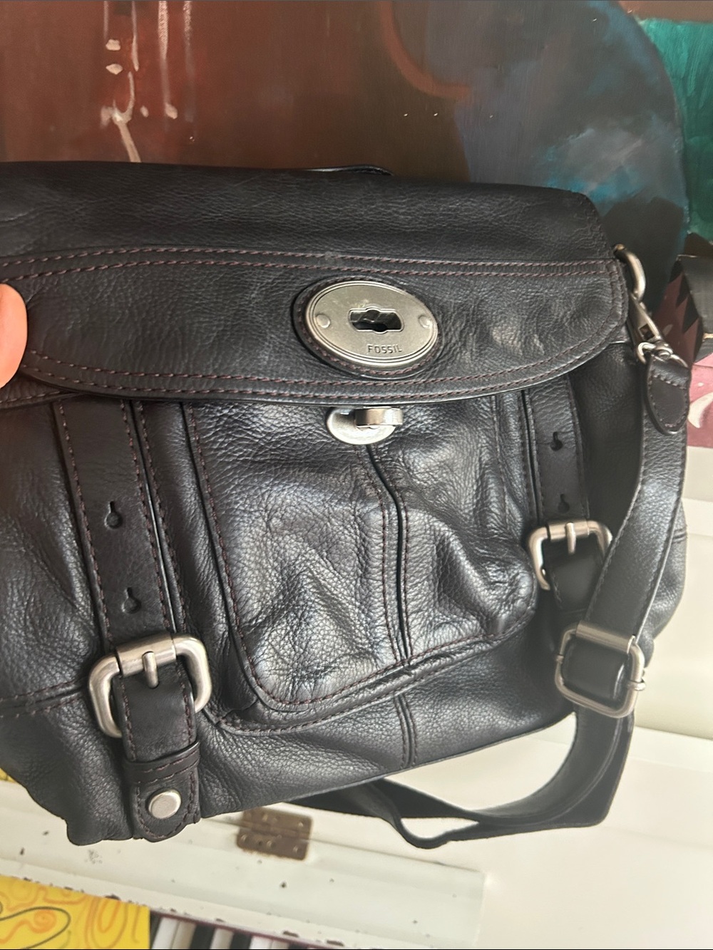 Fossil Black Leather Shoulder Bag with Silver Hardware
